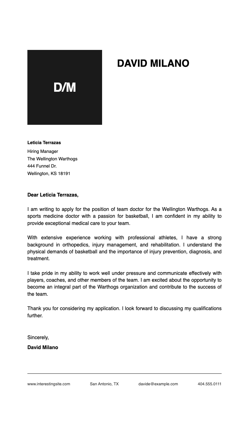 Modern initials cover letter - Sleek job application letter with bold initials header and professional layout for candidates.